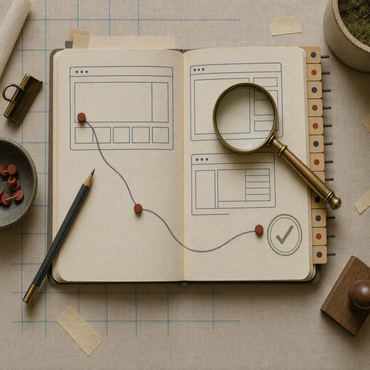Overhead field notebook with abstract browser panels, three red landmark pins, a pencil path, and a magnifier